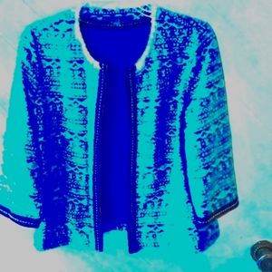 Valerie Stevens Open Front Cardigan Women's S Blue Geometric Fringe Top Boho